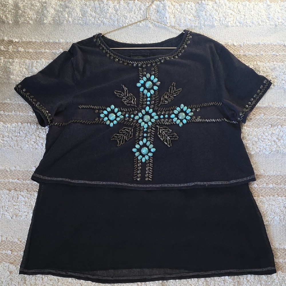 Double D Ranch Black Cropped Top with Turquoise Western Cross Large